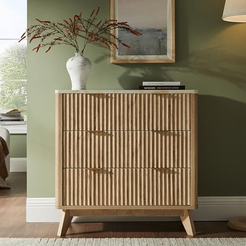 Image of T4TREAM Fluted 3 Drawer Dresser, 32 inch Tall Modern Chest of Drawers with Faux Marble Top, Curved Profile Design, Wood Drawer Organizer for Bedroom, Living Room, Hallway, Entryway, Natural Oak