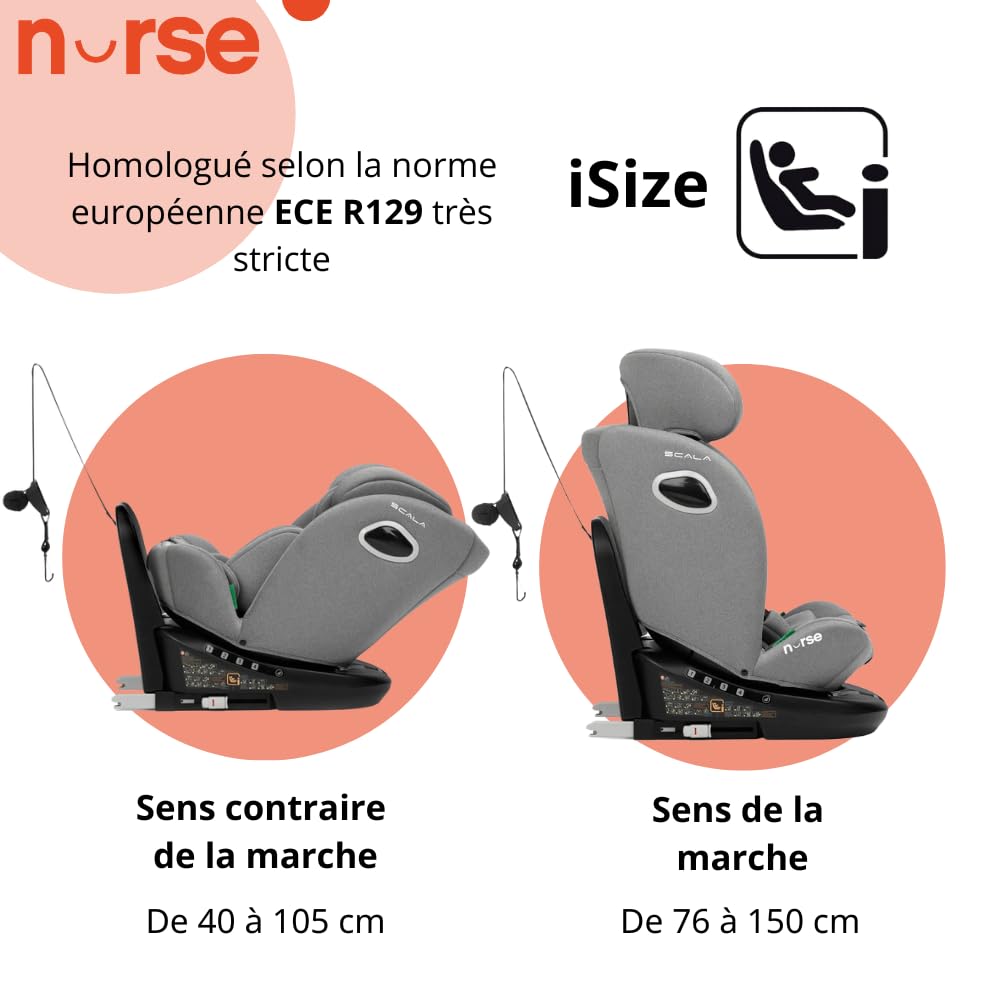 Nurse Scala Siège Auto i-Size 40–150 cm, Pivotant 360º, ISOFIX avec Top Tether, Dos à la Route et Face à la Route, Protection Latérale, Gris