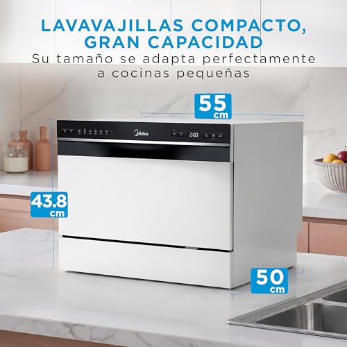 Miniatura 4 de Midea Lavavajillas Pequeño Blanco 55cm De 6 Servicios - Lavavajillas Compacto Y Portatil Sin Instalación - Lavaplatos Con App Control, 6 Programas, Modo Eco, Filtro Antibacterias, Función Secado, 49db