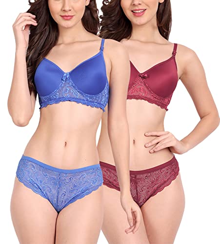 Image of FIMS - Fashion is my style Women Cotton Floral Lace Padded, Non-Wired, Full Coverage, Seamless Bra Panty Set, Multicolor, Lingerie Set
