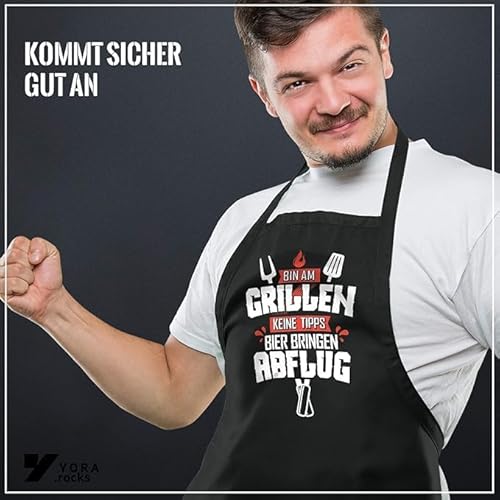 YORA Grillschürze für Männer lustig - Vatertagsgeschenk - Bin am Grillen - Kochschürze Inkl. personalisierbarer Urkunde - lustige Geschenke zum Vatertag (Bin am Grillen) (Rot)