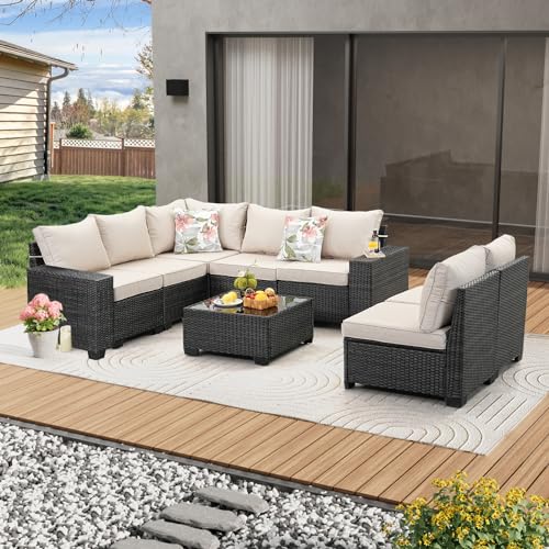8 Pieces Patio Furniture Set All-Weather Outdoor Wicker Sectional Conversation Sofa Rattan Patio Seating Sofa with Cushion and Glass Table for Porch Poolside,Beige