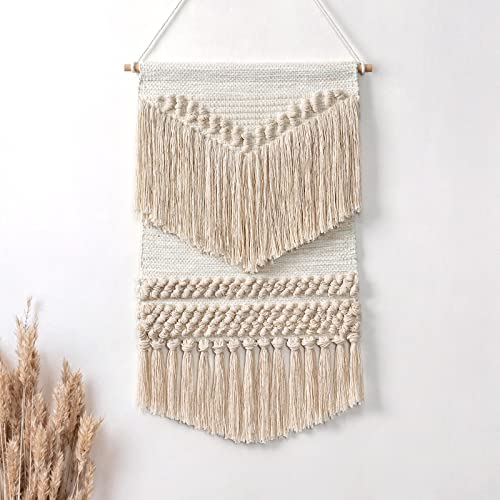 Dremisland Macrame Woven Wall Hanging Tapestry Home Decor Bohemian Geometric Wave Art Decor with Tassle-Elegant Apartment Bedroom Dorm Room Door Decoration, 16.5" W x 22" L (Beige Wave)
