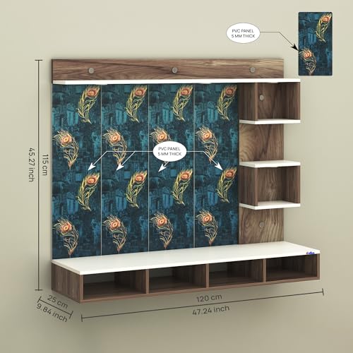 Image of Anikaa Kirina Engineered Wood Wall-Mount TV Unit with Printed PVC Back Panel & LED Lights | TV Cabinet with Storage Box & Decorative Shelves (Coachwood /White) for TVs up to 40 Inch | DIY Installation