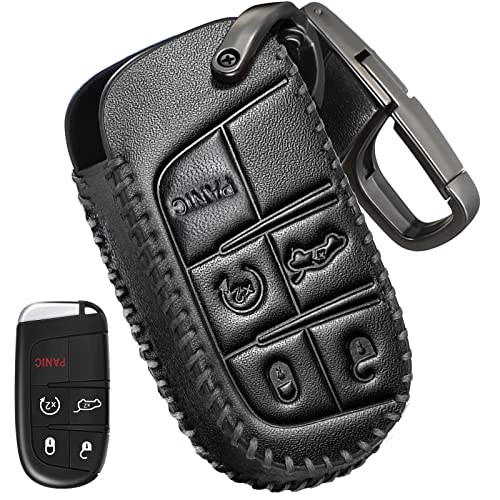 Slohif Leather Key Fob Cover Accessories for Jeep for Grand Cherokee Renegade Chrysler 200 300 Dodge RAM Durango Challenger Journey Dart Fiat 5 Buttons, Leather Case+D-Ring+Hook(Black)