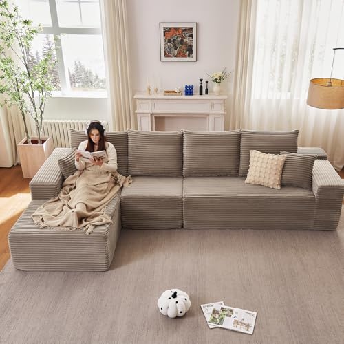 Image of 135 inch Cloud Sectional Couch with L-Shape Chaise, Modern Modular Comfy Sofa with Deep Seat, Upholstered Corduroy Couches Sleeper Chaise Longue for Living Room Bedroom, No Assembly Required, Camel