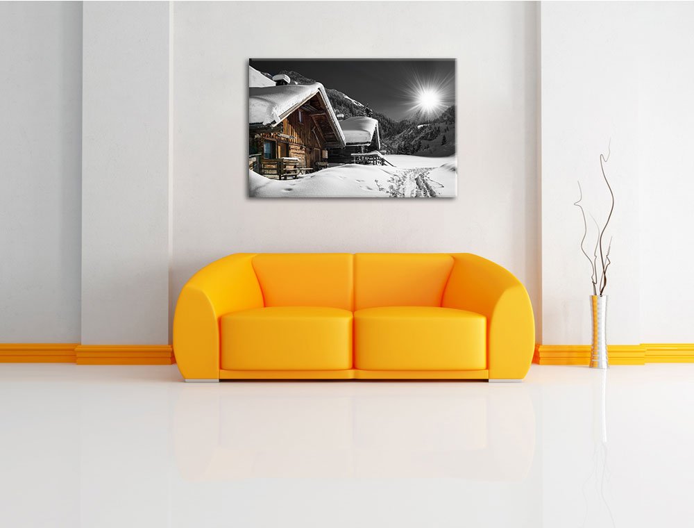 belle neige Alpes huttes noir / blanc Taille: 120x80 sur toile, énorme XXL Photos complètement encadrée avec civière, art impression sur murale avec cadre, moins cher que la peinture ou la peinture à l'huile, aucune affiche ou un poster