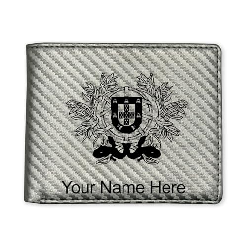 LaserGram Faux Leather Bi-Fold Wallet, Coat of Arms Portugal, Personalized Engraving Included (Carbon Fiber Silver)