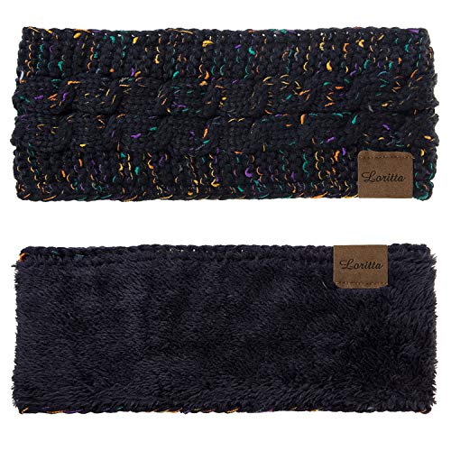 Loritta Womens Ear Warmers Headbands Winter Warm Fuzzy Cable Knit Head Wrap Fleece Lined Gifts,Black