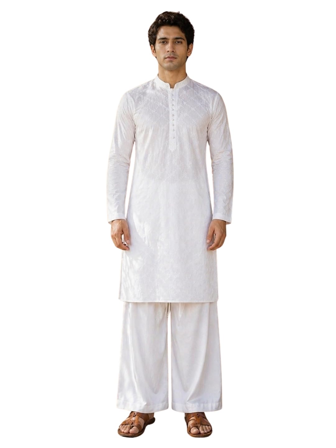see designs Mens's Long Sleeve Mandarin Collar Men White Chikankari Embroidered Straight Kurta with Wide Pyjama-picture-27