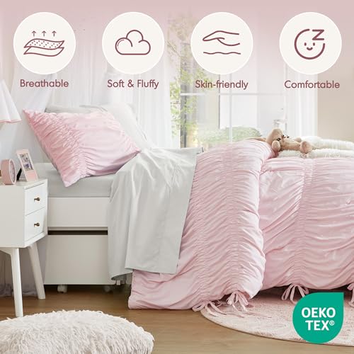 Image of Intelligent Design Ruched Shabby Chic Pink Twin XL Comforter Set, 2pc | Back to School Girls Dorm Bedding Set, French Country, All Season Down Alternative, Cozy, Machine Washable, Lightweight