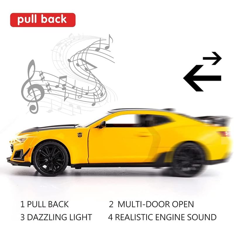 Image of Kids Model 1:32 Chevi Camro Die Cast Metal Car Pull Back Action Opening Doors with Realistic Engine Sound Lights Toy Car Gift for Boys - Multi