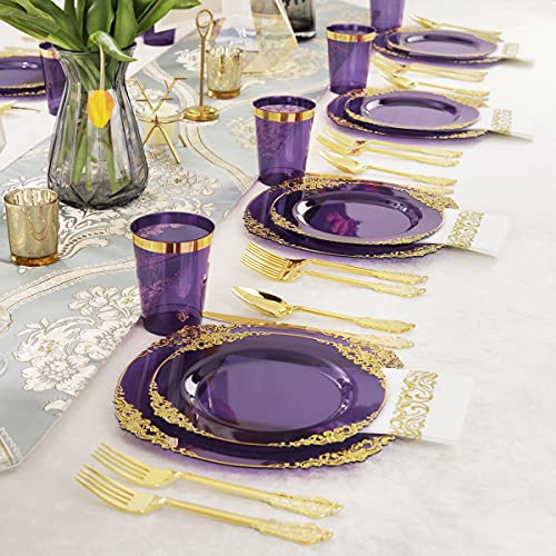 Nervure 175Pcs Clear Purple Plastic Plates - Gold Plastic Plates For 25 Guests Include 25Dinner Plates, 25Dessert Plates, 25Cups, 25Forks, 25Knives, 25Spoons, 25Napkins For Wedding&Party #TOP4