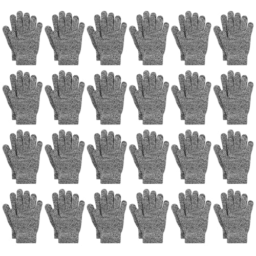 Cooraby 24 Pairs Kids Gloves Winter Magic Gloves Warm Knitted Stretchy Full Fingers Gloves (Black and White 6-11 Years)