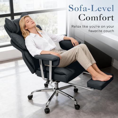 Image of DUMOS Big and Tall Office Chair 400 LBS, Scratch-Resistant PU Leather Executive Office Desk Chair with Footrest, Ergonomic Reclining Computer Chairs with Pocket Spring Support, Black