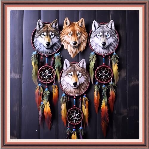 Image of Joyhoor Cross Stitch Kits for Beginners Stamped Cross-Stitch Supplies Needlework preprint Embroidery Kits for Adults DIY Needlepoint Kits Embroidery Patterns 11CT-Wolf Wind Chime 18.x18 inch