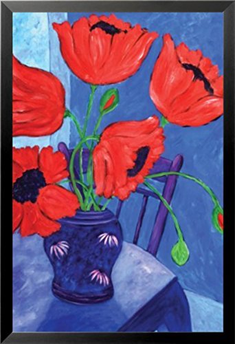 FRAMED Poppies in a Blue Room by Brendan Loughlin 24x33 Art Print Poster Still Life Floral Interior Red Poppies Blue Purple Vase