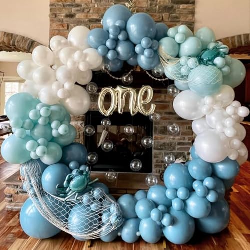 Image of Teal Blue White Balloons 12Inch Under The Sea Balloon Ocean Balloons Turquoise Pearl Metallic Blue and White Latex Balloon for Boys Men Birthday Baby Shower Pool Beach Party Decorations