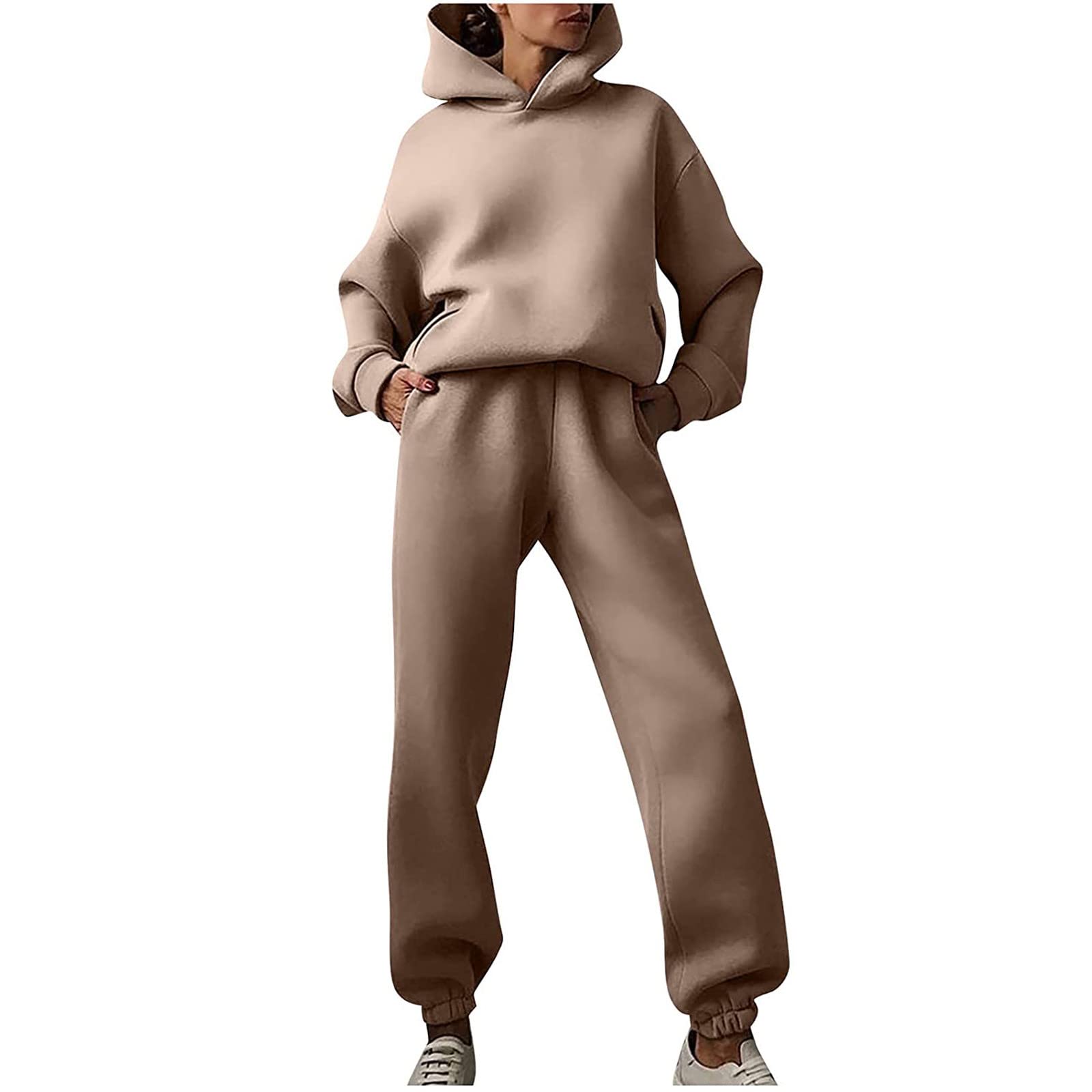 Generisch Tuta da jogging da donna, elegante, a maniche lunghe, casual, con cappuccio e pantaloni da jogging, in 2 pezzi, tinta unita, calda, morbida, comoda, per sport all'aria aperta, per