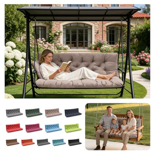 LCYY.TG Porch Swing Cushions, Outdoor Swing Replacement Cushions 3 Seater with Backrest, Waterproof Bench Cushion with Ties,for Patio,Porch, Garden,Backyard (Khaki 60 * 40 in)