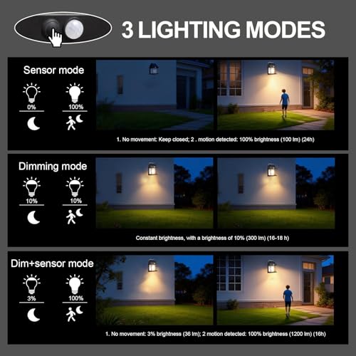 Solar Lights Outdoor, 2 Pack Waterproof Wall Lantern with Motion Sensor & 3 Modes 1200mAh Battey, IP65 Solar Security Lights for Garden Patio Courtyards Porches Fence Yard (Black) - Image 6