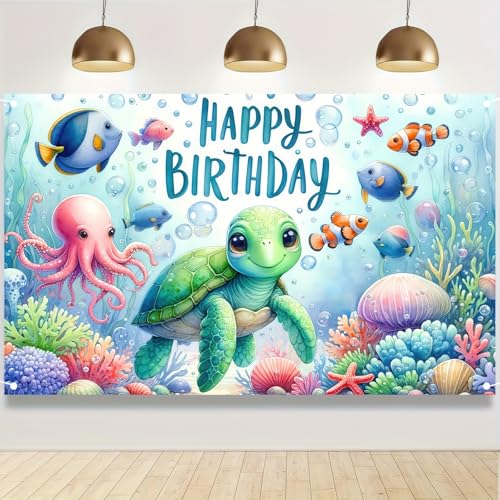 Image of HOMETITUTE Under the Sea Birthday Banner 71x43 Inch Turtle Party Decor