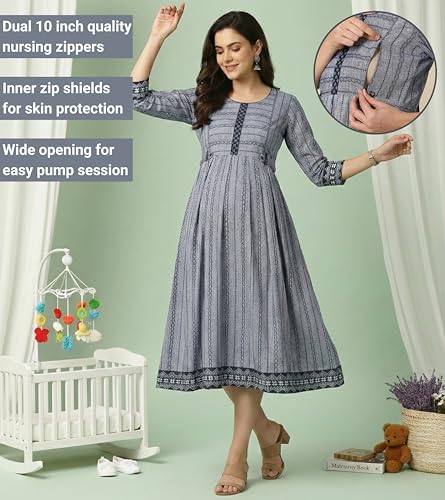 Image of DUMMY SHAPE Pregnancy Dresses for Women Cotton | Floral Anarkali Flare Kurta with Dual Nursing Zippers | Pregnancy & Breastfeeding | Feeding Kurtis | Baby Shower | Gifts for Pregnant Woman