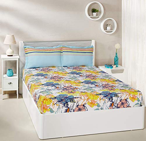 Image of Amazon Brand - Solimo Floral Splash 144 TC 100% Cotton Double Bedsheet with 2 Pillow Covers, Peach Premium Bed Pillow, Diagonal Blue and White, 43 x 69 cm