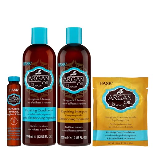 Hask Argan Oil Haircare Set (Repairing Shampoo 12oz & Conditioner 12oz, Repairing Deep Treatment 1.75oz & Repairing Healing Shine Treatment 5/8oz)