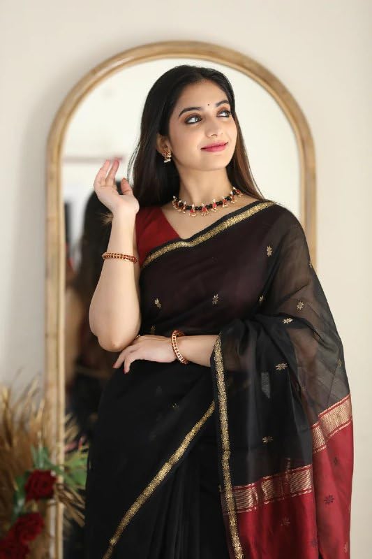Image of Flosive Women's Chanderi Cotton Silk Saree in Dual-Tone Black & Maroon | Elegant Gold Zari Border with Butti Work | Traditional Saree with Unstitched Blouse Piece