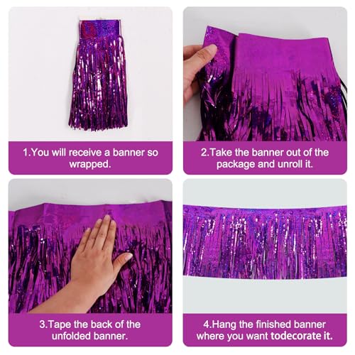 Image of BEISHIDA 3 Packs Metallic Foil Fringe Garland Laser Purple Wall Hanging Tinsel Fringe Banners for Car Floats Bridal Shower Wedding Birthday Easter Graduation Holiday Party Decoration(30 Feet)