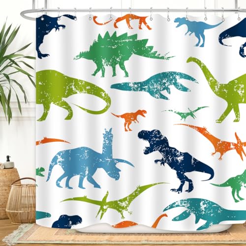 Image of Dinosaur Shower Curtain Colorful Kid Cartoon Jurassic Children Dino Elasmosaurs Themed Bath Curtain Waterproof Fabric Bathroom Decor 72x72 Inch Plastic Hooks 12 PCS