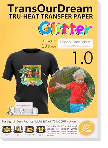 TransOurDream Heat Transfer Paper for Dark T Shirts (Glitter, 20 Sheets, 8.5x11") Iron on Transfers Paper for Dark Fabric Printable Heat Transfer Vinyl for Inkjet Printer