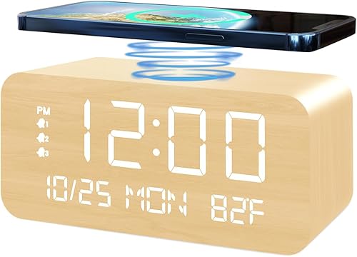 JALL Reloj despertador digital, con pantalla LED electrónica de madera, 3 ajustes de alarma, carga inalámbrica de 10 W, día de la semana, detección