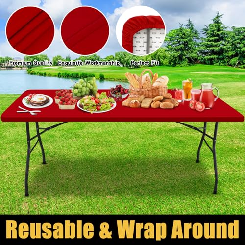 Smiry Rectangle Picnic Table Cloth, Waterproof Elastic Fitted Tablecloths for 8 Foot Tables, Washable Polyester Table Cover for Camping, Indoor and Outdoor (Red, 30"x96") by Smiry - Used condition - Image 5