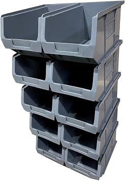Solent Plastics 10 x XL3 Size 3 Small Parts Plastic Open Fronted Storage Stackable Bins 4.5 Litre Linbin Order Picking Stacking Boxes Pack of 10 Grey