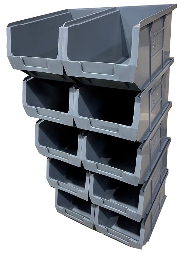 Solent Plastics 10 x XL3 Size 3 Small Parts Plastic Open Fronted Storage Stackable Bins 4.5 Litre Linbin Order Picking Stacking Boxes (Pack of 10) (Grey)