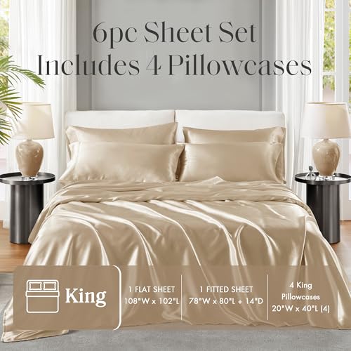 Image of Madison Park Essentials Satin Sheets King Size Bed Set, 6 Piece, Champagne | Luxury and Smooth Silky Bedding with Natural Sheen, All Around Elastic 14 inch Pocket fits up to 16 inch Mattress, Year-Round Cozy