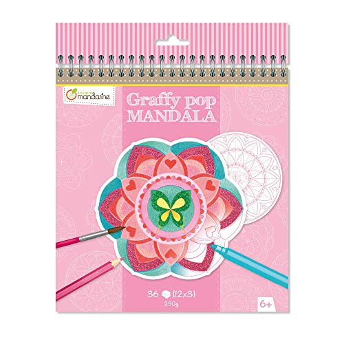 Clairefontaine ES Avenue Mandarine - Ref GY027O - Libro colorear Graffy Pop Mandala - Diseños para niñas - Formas precortadas fáciles de desmontar, papel de dibujo de 250 g/m², 36 hojas, 12 diseños, mayores de 6 años