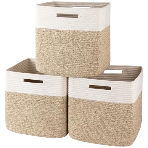 OIAHOMY 13 Inch Cube Storage Bins, 3-Pack Cotton Rope Woven Baskets for Organizing, Insert Storage...