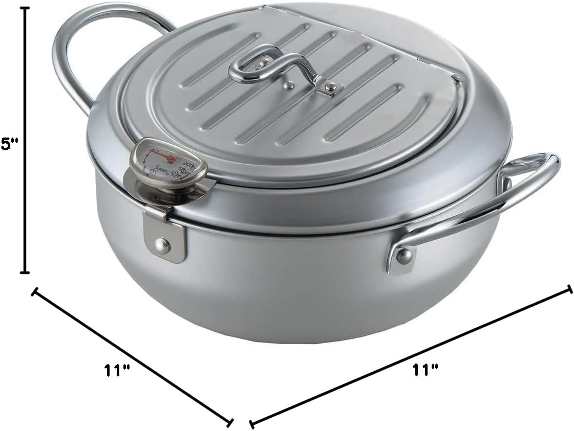 Japanese Tempura Fryer Pot with Lid and Thermometer, Induction Heat Compatible, Made in Japan, 20cm, 1 Pack