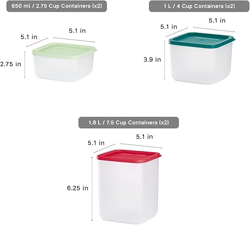 Miniatura 3 de Tupperware Juego de almacenamiento cuadrado apilable, juego navideño, apto para lavavajillas y sin BPA, (6 recipientes transparentes + 6 tapas de