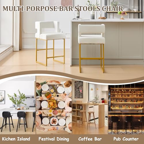 Image of Counter Height Bar Stools Set of 2, White Velvet Bar Chair Gold Leg | 26 inch Seat Height Fits Standard Kitchen Islands, Upholstered Barstools, Back Support, Square Metal Legs, Footrest