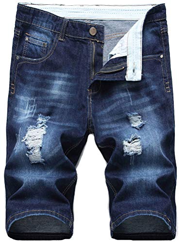 PASOK Men's Casual Denim Shorts Classic Fit Distressed Summer Fashion Ripped Short Jeans Blue 28
