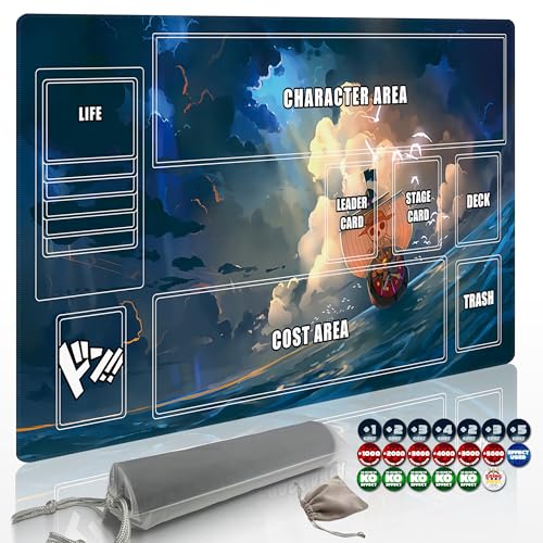 Extalas Playmat for One Piece Card Game (24x14 Inches): with Non-Slip Rubber Zones Design a Professional Storage Bag Included Plus a Limited-Time Gift of a Set of 20 Damage Counters (Wave Boat)