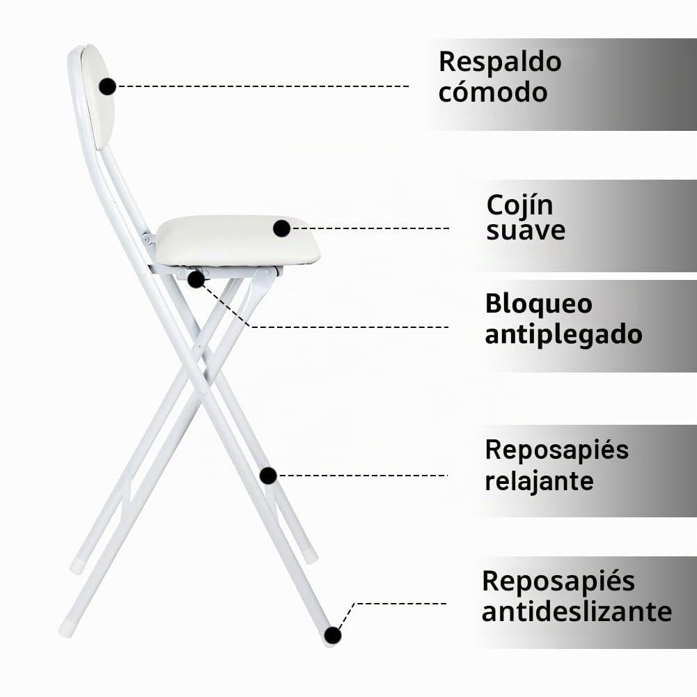 Taburete Plegable Alto 65cm con Respaldo, Ahorrar Espacio, 70cm Silla de Bar Plegable con Reposapiés para Cocina, Oficina, Tienda(White,65cm/26in)