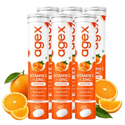 Image of Vitamin C+Zinc Effervescent Tablets | Natural Amla Extract 1000mg + Vit C 80mg + Zinc 10mg | Immunity Booster for Skin, Hair & Nails | Supports Collagen Production |Orange Flavour | Sugar-Free | 120 Effervescent Tablets (Pack of 6)