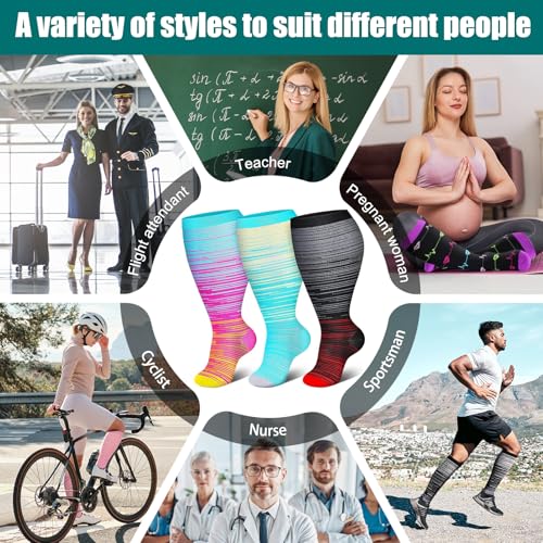 3 Packs Wide Calf Compression Socks for Women Men Knee Hight Plus Size Extra Graduated Stocking Calcetas Medias Para Mujer Big Running School Travel Flight Sports Excise New Mom Birth Gifts Black 2XL - Thumbnail 6