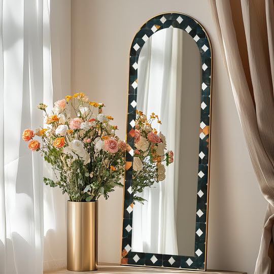 Specchio da pavimento con motivo geometrico scuro da 63,5 x 160 cm (larghezza x altezza), lunghezza completa, specchio da pavimento con cornice nera e cornice argentata