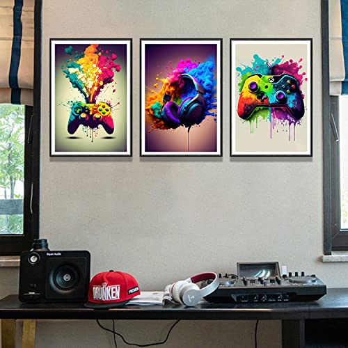 Ncyel Game Room Decorative Wall Art Color Video Game Handle Earphone Graffiti Theme Poster Neon Light Poster Print Picture Children Youth Art Game Machine Boys Bedroom Home 12 X16 Inchx 3 Piece Set Unframed thumb #2